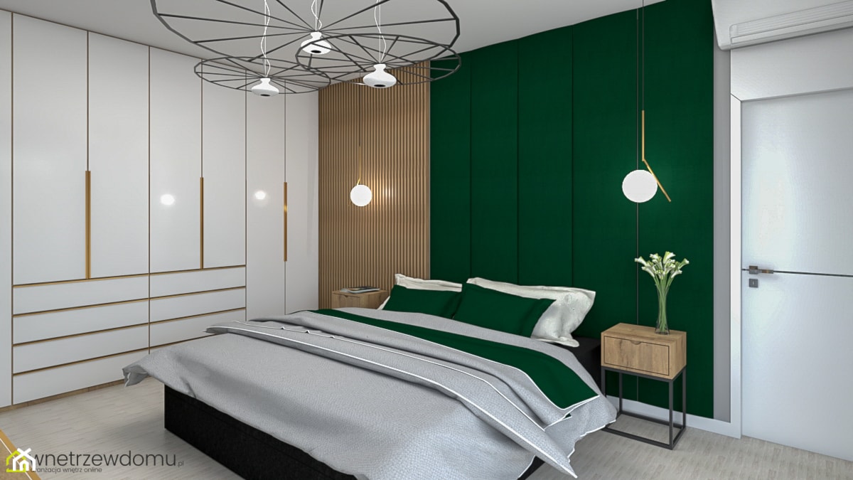 nowoczesna sypialnia z kolorem butelkowej zieleni - Średnia szara zielona sypialnia, styl nowoczesny - zdjęcie od wnetrzewdomu - Homebook