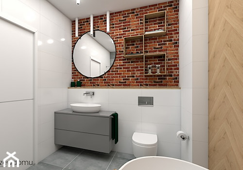 duża łazienka z wanną i prysznicem - Mała bez okna z lustrem z punktowym oświetleniem łazienka, styl industrialny - zdjęcie od wnetrzewdomu