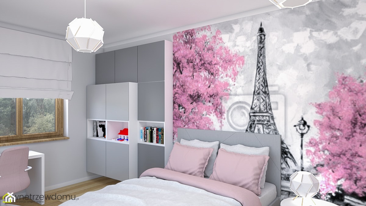 Dziewczęcy pokój z widokiem na Paryż - Średni szary pokój dziecka dla nastolatka dla dziewczynki, styl skandynawski - zdjęcie od wnetrzewdomu - Homebook