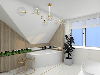 Wyjątkowa , jasna, nowoczesna łazienka ze złotymi dodatkami