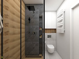 Beton , drewno i czerń w łazience