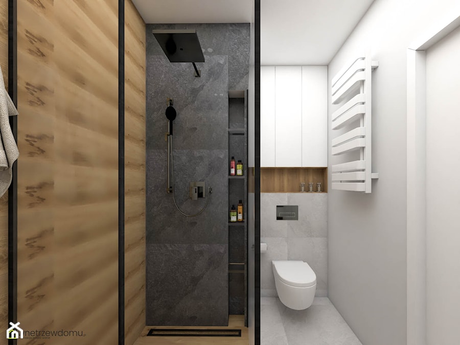 Beton, drewno i czerń w łazience - zdjęcie od wnetrzewdomu