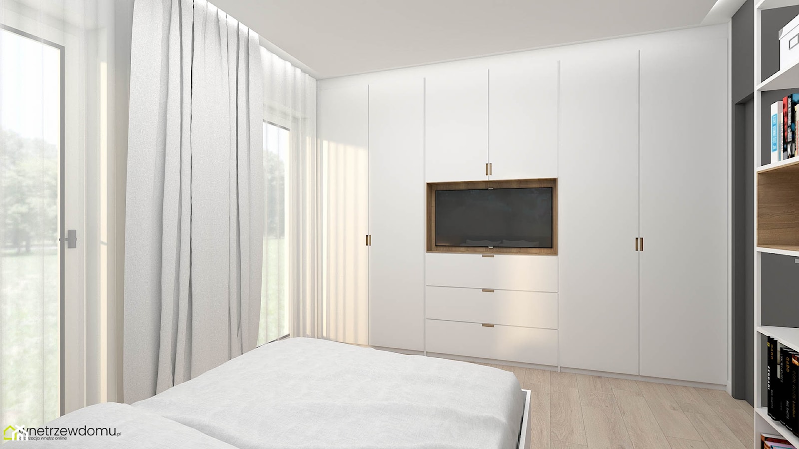 Jasna, nowoczesna sypialnia z dużą zabudową meblową - zdjęcie od wnetrzewdomu - Homebook