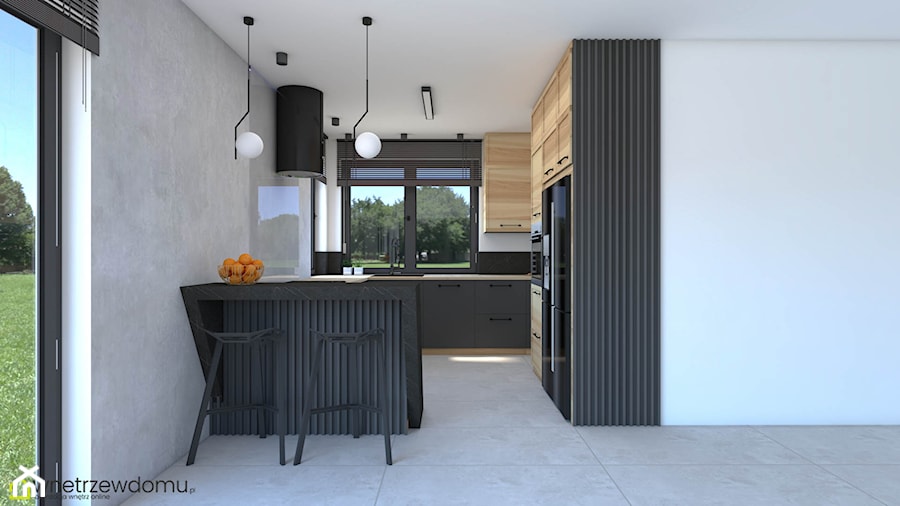 Elegancka ciemna kuchnia połączenie -połączenie cerni, drewna i betonu - zdjęcie od wnetrzewdomu