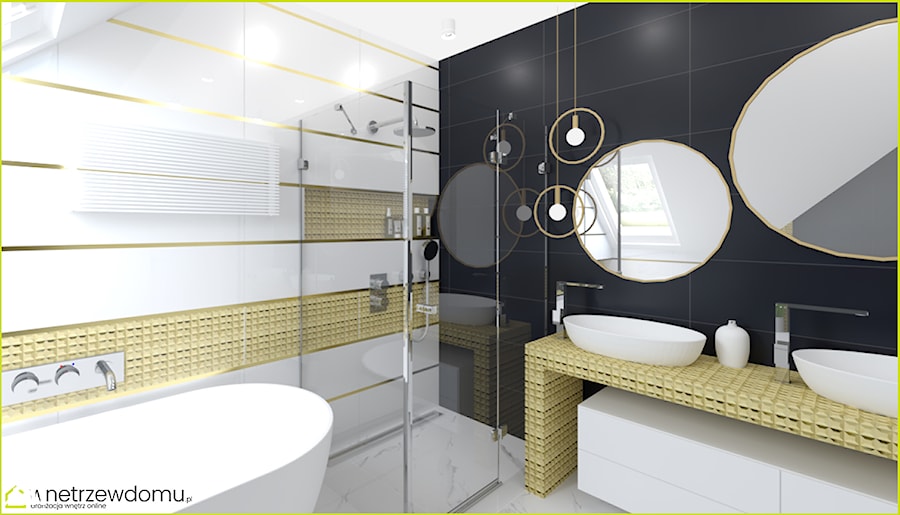 Łazienka - czerń, biel i złoto - Średnia bez okna z lustrem z dwoma umywalkami z marmurową podłogą łazienka - zdjęcie od wnetrzewdomu