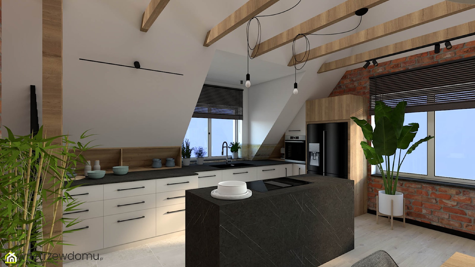 Salon z kuchnią w stylu loftowym na poddaszu - zdjęcie od wnetrzewdomu - Homebook