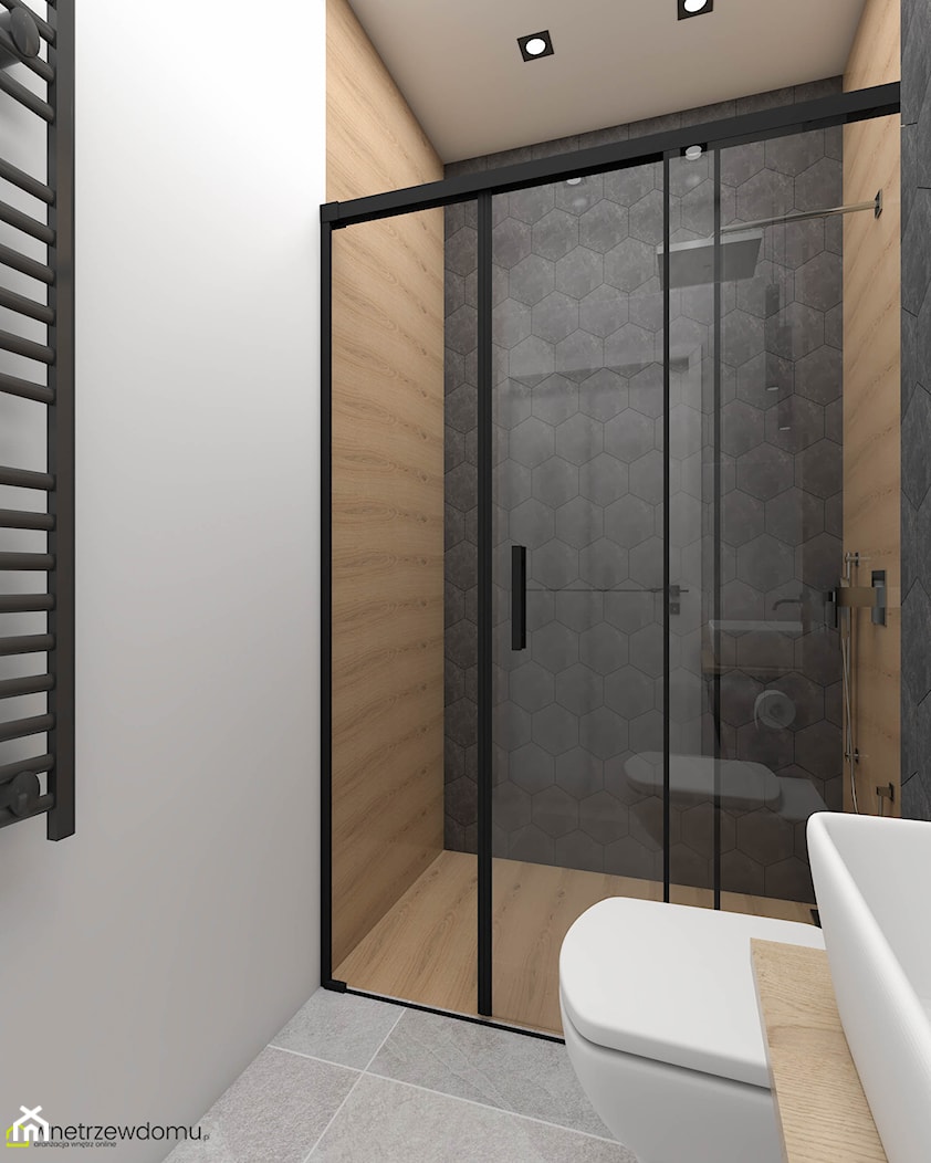 Mała łazienka z kabiną prysznicową i ciemnymi dodatkami - zdjęcie od wnetrzewdomu - Homebook