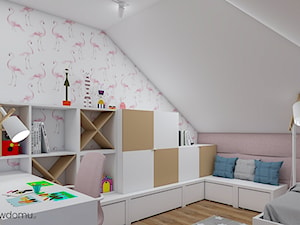 Pokój dziewczęcy z motywem flamingów - Średni biały różowy pokój dziecka dla nastolatka dla chłopca dla dziewczynki, styl skandynawski - zdjęcie od wnetrzewdomu
