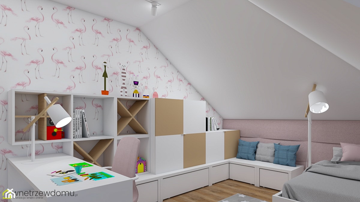 Pokój dziewczęcy z motywem flamingów - Średni biały różowy pokój dziecka dla nastolatka dla chłopca dla dziewczynki, styl skandynawski - zdjęcie od wnetrzewdomu - Homebook