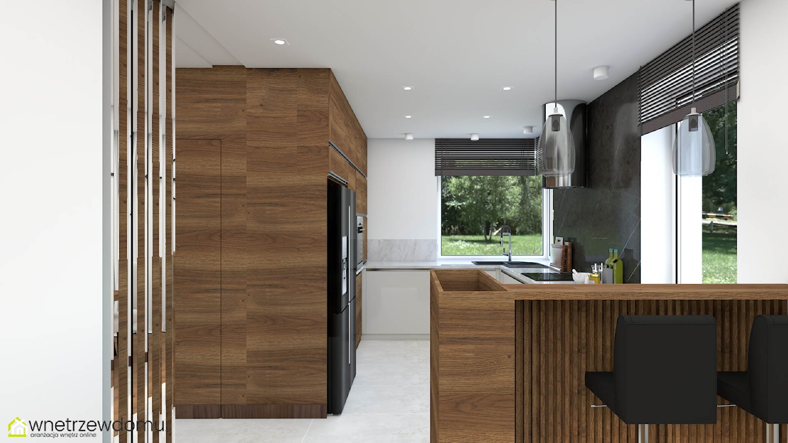 Przestronny salon z kuchnią w połączeniu beżu oraz drewna orzechowego - zdjęcie od wnetrzewdomu - Homebook