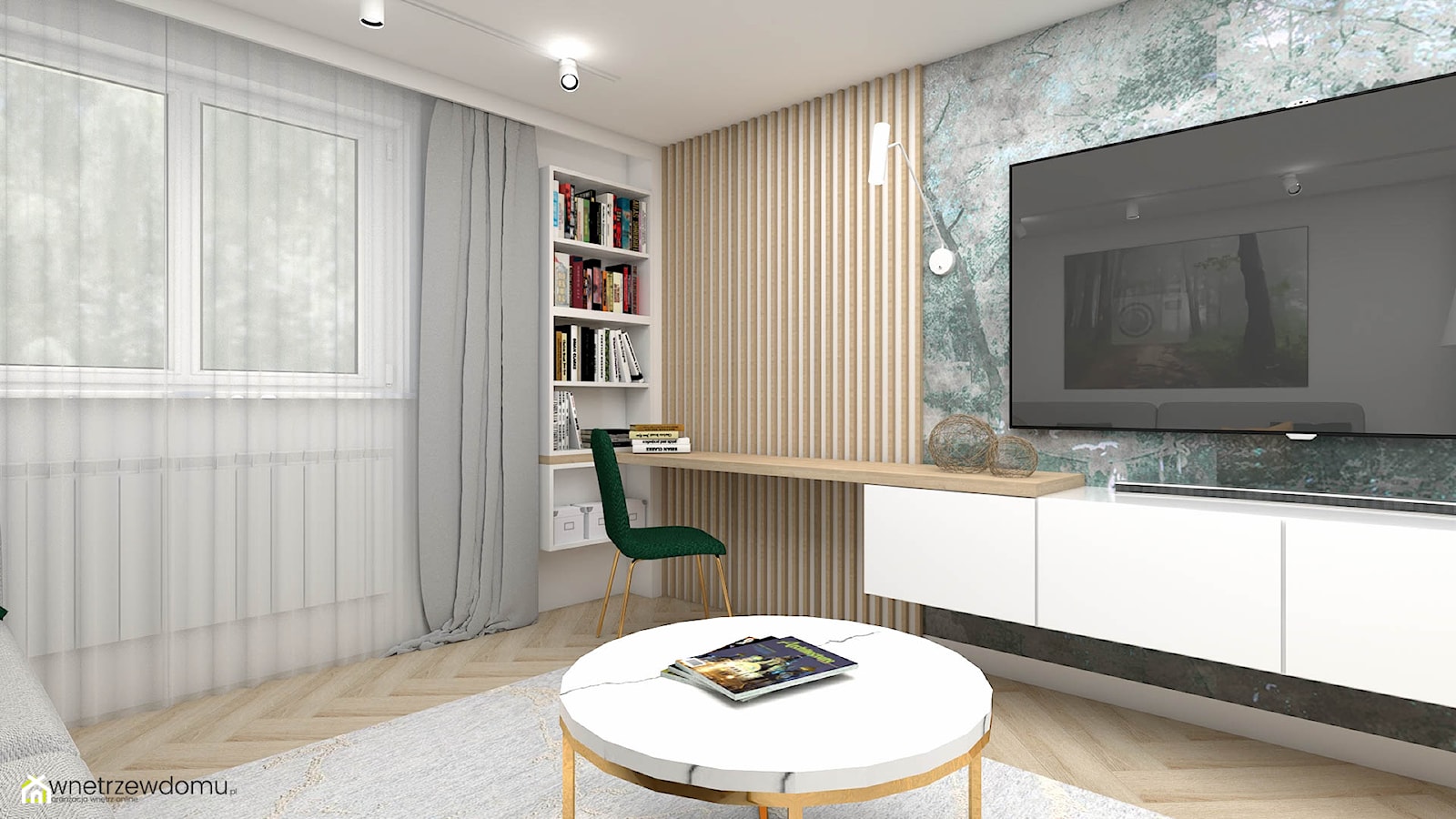 Niewielki salon z ozdobną tapetą - zdjęcie od wnetrzewdomu - Homebook