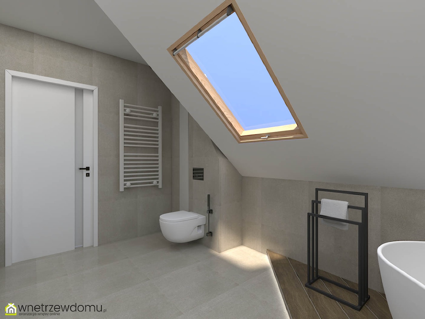 Okrągłe duże lustro i okno dachowe w łazience ze skosami - zdjęcie od wnetrzewdomu - Homebook
