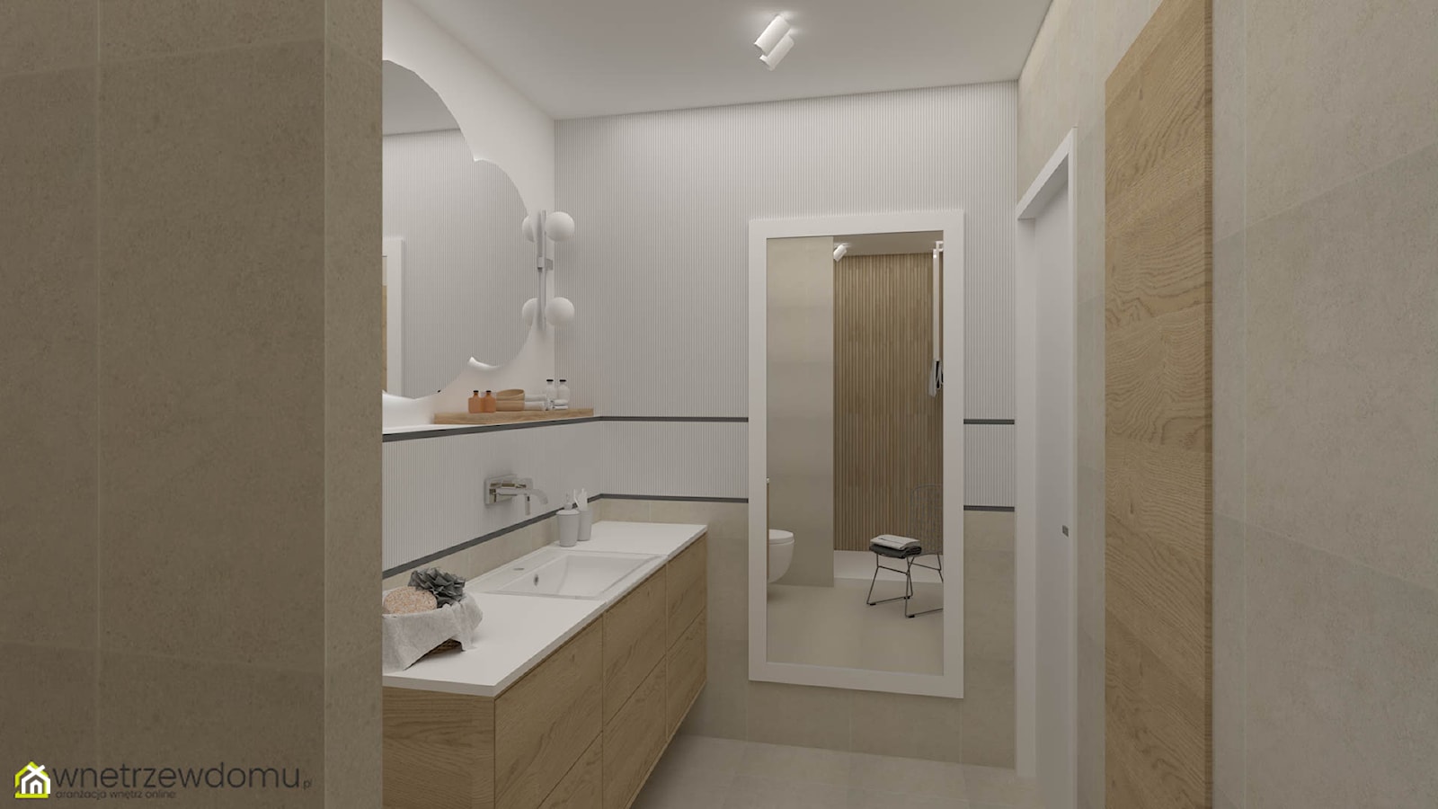 Biel i drewno w niewielkiej łazience ze ścianką prysznicową - zdjęcie od wnetrzewdomu - Homebook