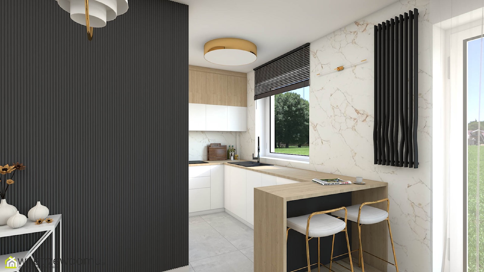 Jasny, nowoczesny salon z aneksem kuchennym z dodatkiem marmuru ze złotą nitką - zdjęcie od wnetrzewdomu - Homebook