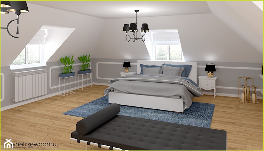 Sypialnia z leżanką - Duża biała szara sypialnia na poddaszu, styl tradycyjny - zdjęcie od wnetrzewdomu