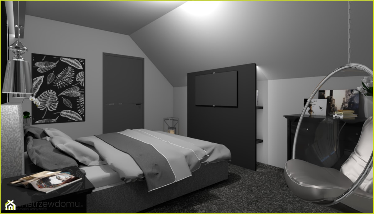 Bardzo ciemna sypialnia - Duża czarna szara sypialnia na poddaszu, styl nowoczesny - zdjęcie od wnetrzewdomu - Homebook