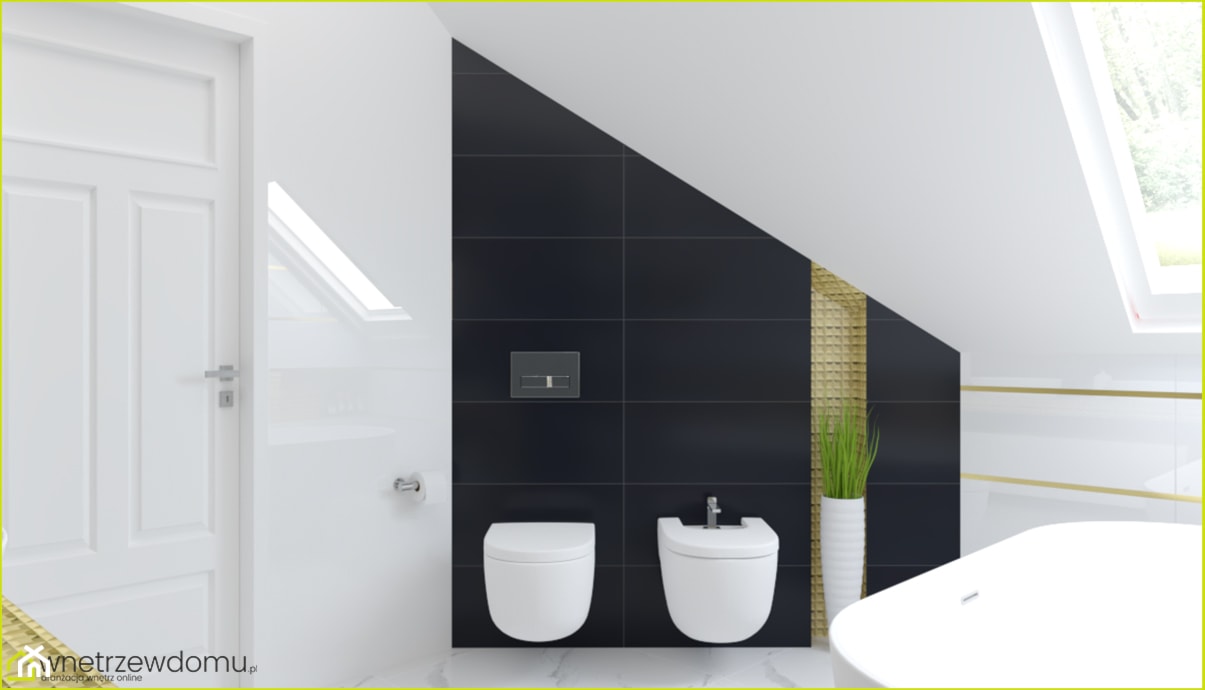 Łazienka - czerń, biel i złoto - Średnia na poddaszu z marmurową podłogą łazienka z oknem - zdjęcie od wnetrzewdomu - Homebook
