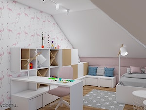 Pokój dziewczęcy z motywem flamingów - Duży biały różowy pokój dziecka dla dziecka dla nastolatka dla dziewczynki, styl skandynawski - zdjęcie od wnetrzewdomu