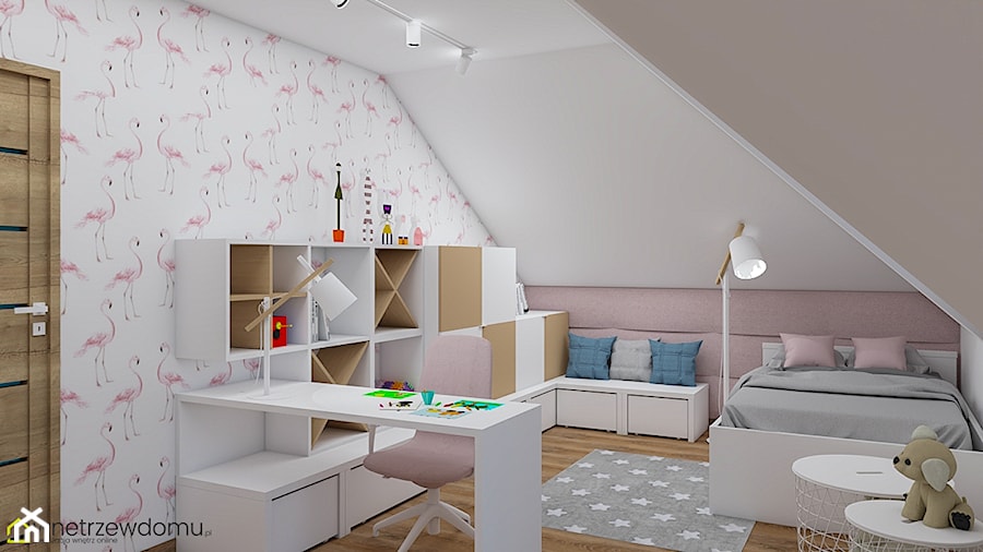 Pokój dziewczęcy z motywem flamingów - Duży biały różowy pokój dziecka dla dziecka dla nastolatka dla dziewczynki, styl skandynawski - zdjęcie od wnetrzewdomu