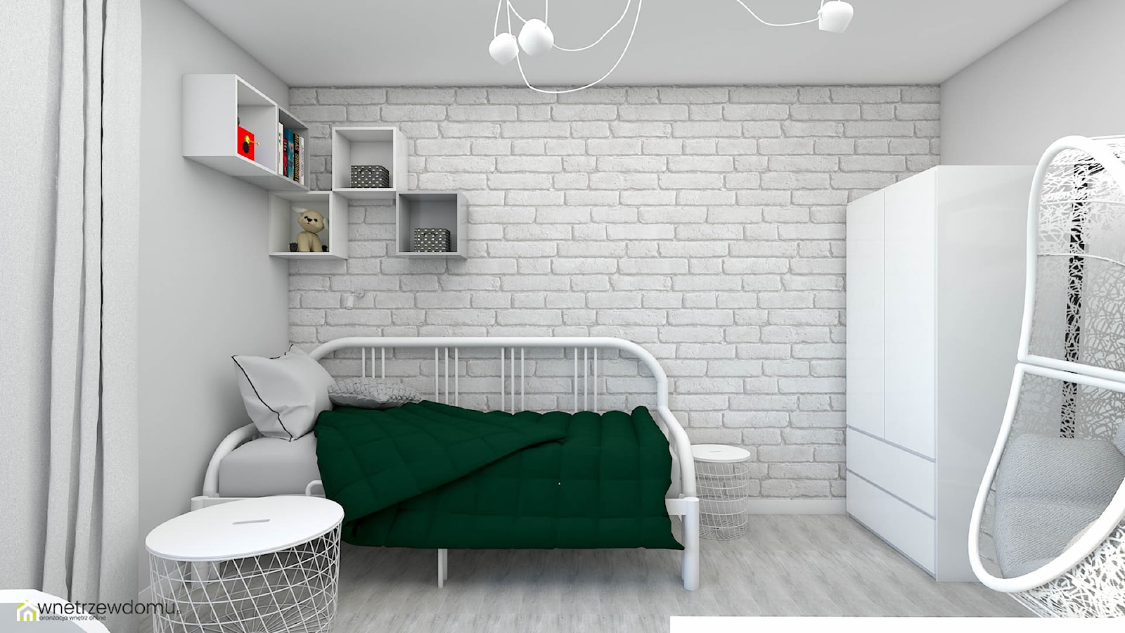 Połączenie bieli i szarości z zielonymi dodatkami w pokoju dla nastolatki - zdjęcie od wnetrzewdomu - Homebook