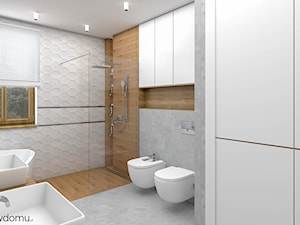 nowoczesna łazienka - biała z drewnem - Średnia z lustrem z dwoma umywalkami z punktowym oświetleniem łazienka z oknem, styl nowoczesny - zdjęcie od wnetrzewdomu