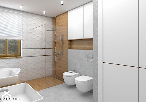 nowoczesna łazienka - biała z drewnem - Średnia z lustrem z dwoma umywalkami z punktowym oświetleniem łazienka z oknem, styl nowoczesny - zdjęcie od wnetrzewdomu