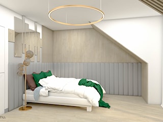 Sypialnia z ozdobnymi lamelami i toaletką