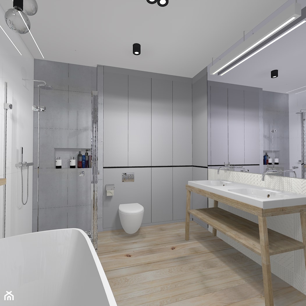 Łazienka skandynawska - Średnia bez okna z lustrem z dwoma umywalkami z punktowym oświetleniem łazienka, styl skandynawski - zdjęcie od architekci tu - Homebook