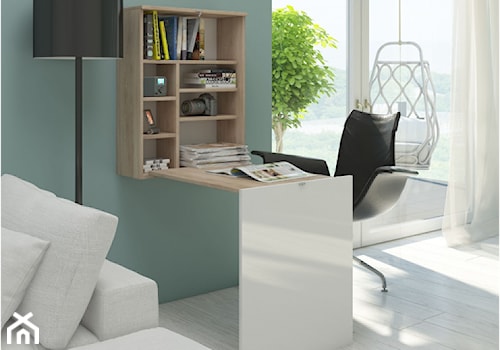 Małe w osobnym pomieszczeniu z sofą z zabudowanym biurkiem szare biuro - zdjęcie od meb24