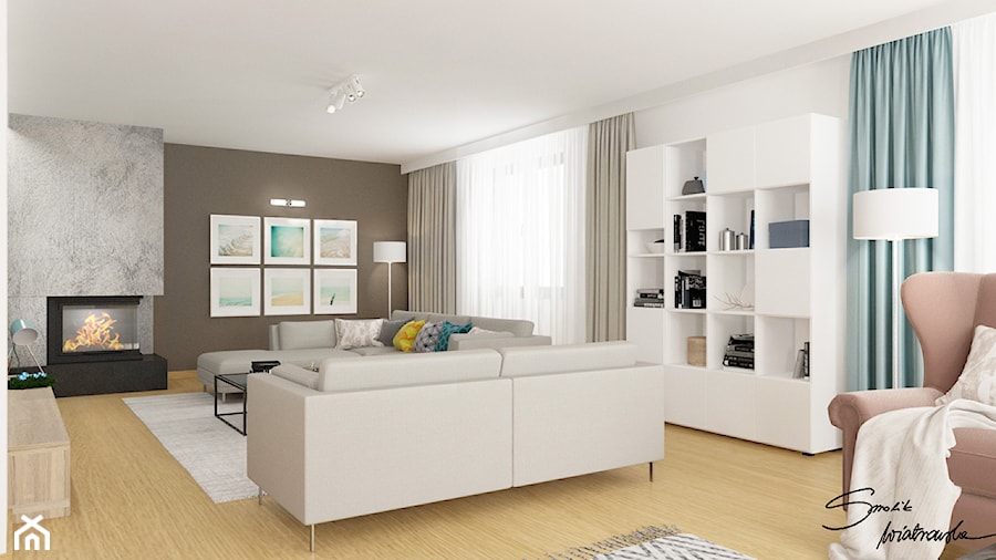 Dom w Krośnie - Duży biały brązowy salon z bibiloteczką, styl nowoczesny - zdjęcie od SMOLIK I WIATROWSKA projektowanie wnętrz online