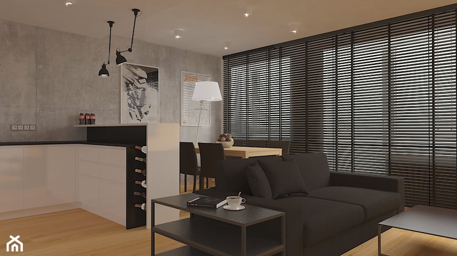 Apartamenty Krosno - Średni biały salon z kuchnią z jadalnią z barkiem, styl minimalistyczny - zdjęcie od SMOLIK I WIATROWSKA projektowanie wnętrz online