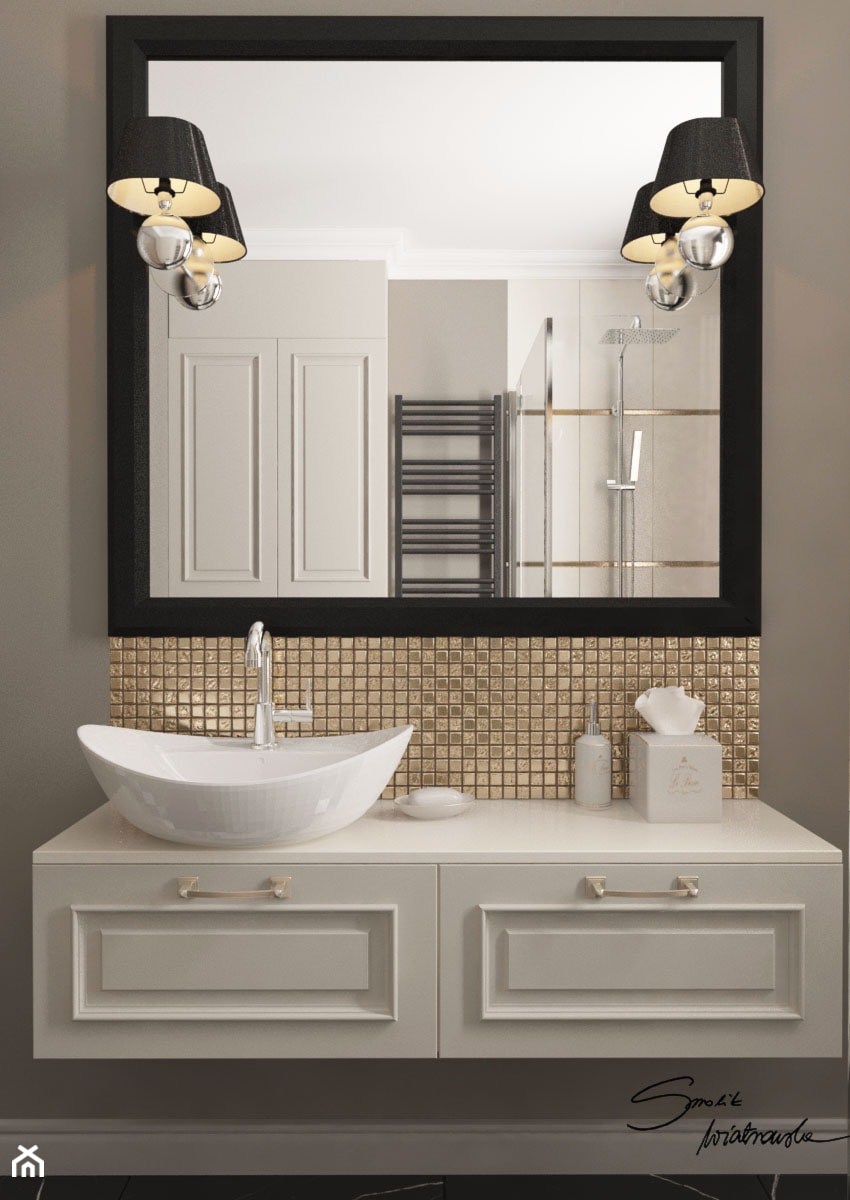 Projekt koncepcyjny dwóch łazienek - Mała bez okna z lustrem z marmurową podłogą łazienka, styl nowoczesny - zdjęcie od SMOLIK I WIATROWSKA projektowanie wnętrz online