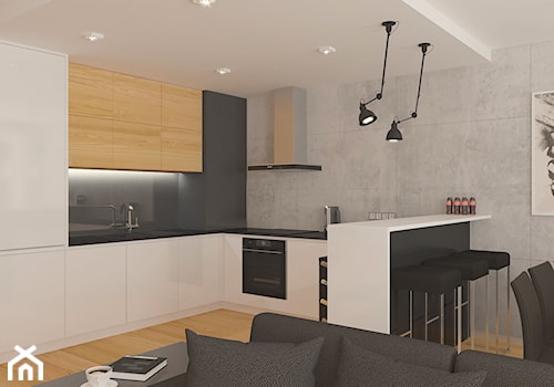 Apartamenty Krosno - Mała otwarta biała z zabudowaną lodówką z podblatowym zlewozmywakiem kuchnia w kształcie litery u, styl minimalistyczny - zdjęcie od SMOLIK I WIATROWSKA projektowanie wnętrz online