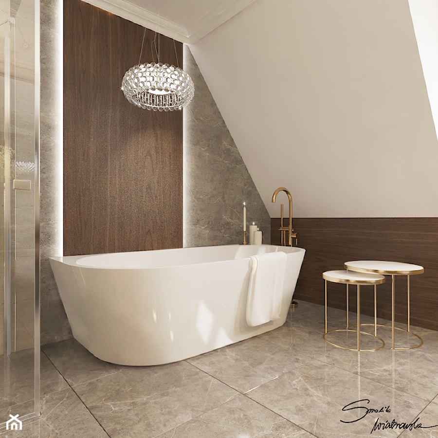 Projekt koncepcyjny dwóch łazienek - Średnia na poddaszu z marmurową podłogą łazienka, styl nowoczesny - zdjęcie od SMOLIK I WIATROWSKA projektowanie wnętrz online