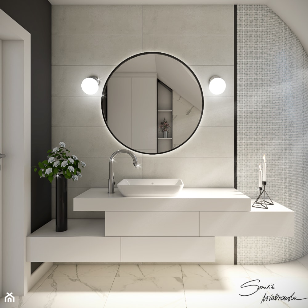Łazienka Krosno - Na poddaszu bez okna z lustrem z marmurową podłogą łazienka, styl nowoczesny - zdjęcie od SMOLIK I WIATROWSKA projektowanie wnętrz online - Homebook