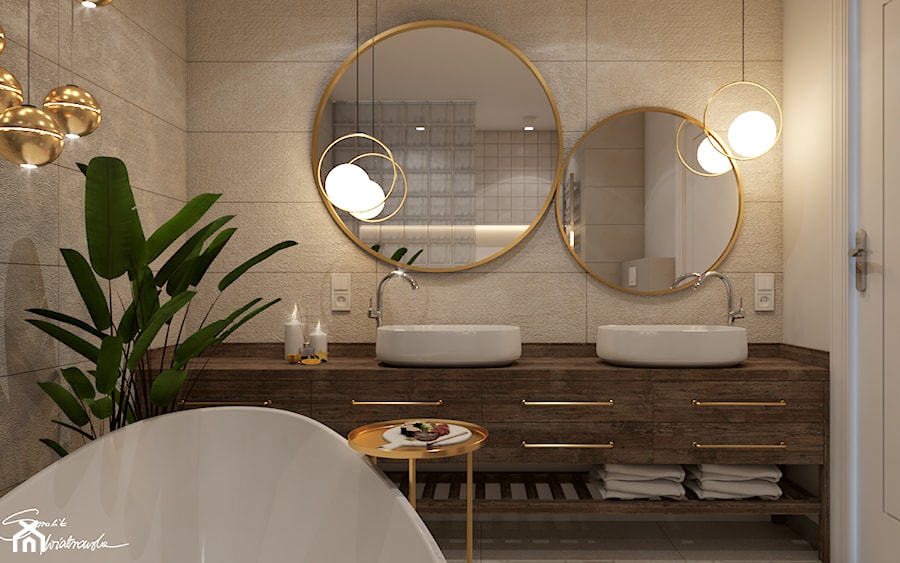 Apartamenty Krosno 3 - Mała bez okna z lustrem z dwoma umywalkami z punktowym oświetleniem łazienka, styl tradycyjny - zdjęcie od SMOLIK I WIATROWSKA projektowanie wnętrz online