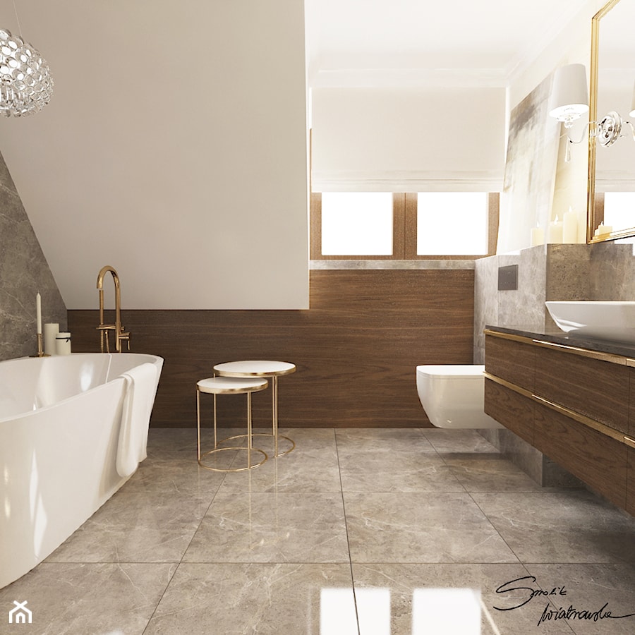 Projekt koncepcyjny dwóch łazienek - Średnia na poddaszu z lustrem łazienka z oknem, styl nowoczesny - zdjęcie od SMOLIK I WIATROWSKA projektowanie wnętrz online