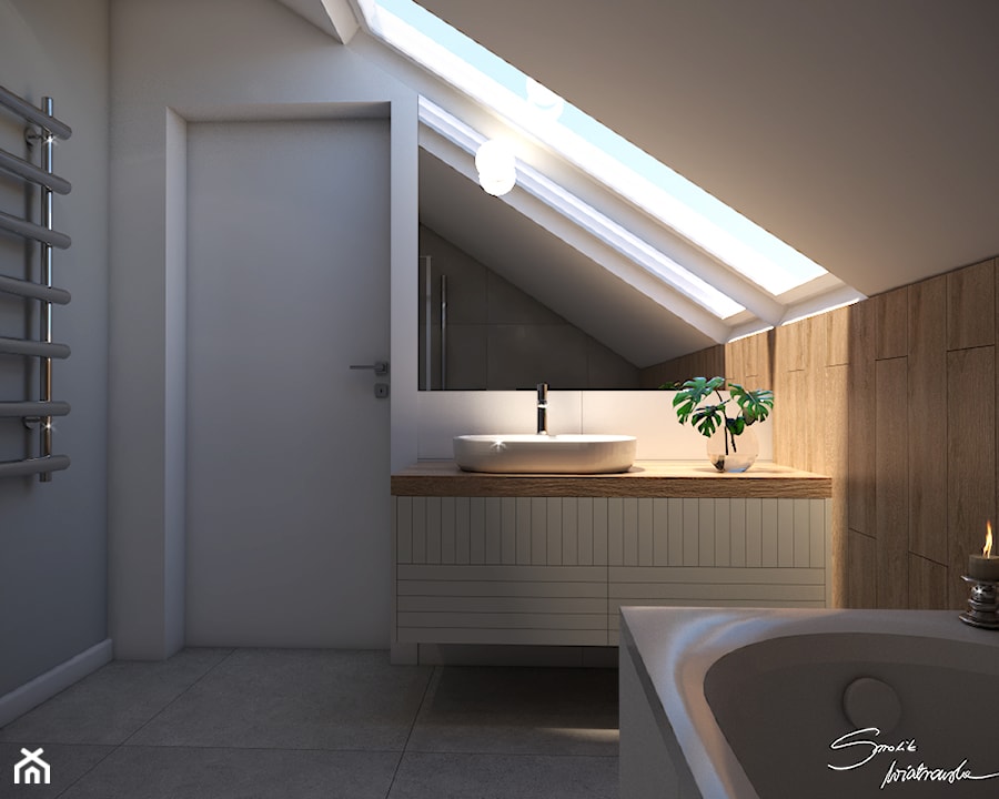 Dom Krosno - Mała na poddaszu z lustrem łazienka z oknem, styl nowoczesny - zdjęcie od SMOLIK I WIATROWSKA projektowanie wnętrz online