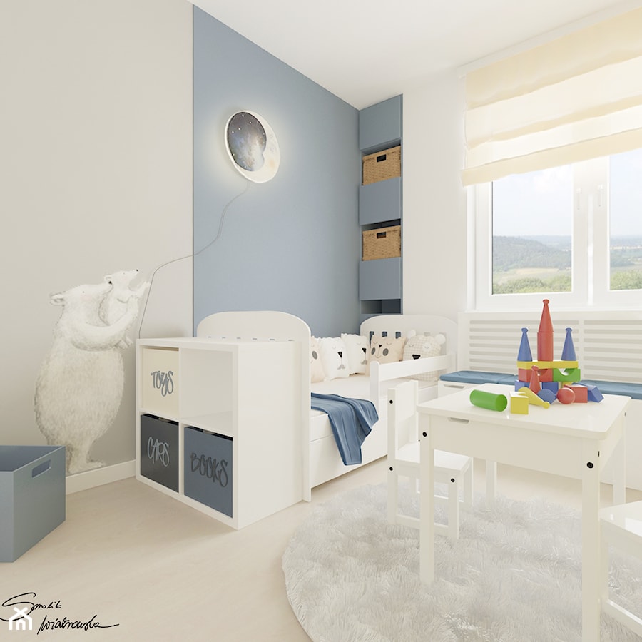 Mieszkanie w Brzozowie - Średni biały niebieski pokój dziecka dla dziecka dla chłopca, styl nowoczesny - zdjęcie od SMOLIK I WIATROWSKA projektowanie wnętrz online