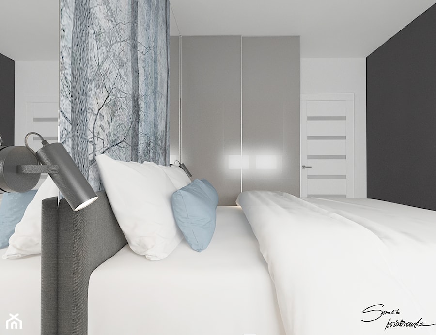 Mieszkanie w Brzozowie - Mała biała czarna szara sypialnia, styl nowoczesny - zdjęcie od SMOLIK I WIATROWSKA projektowanie wnętrz online