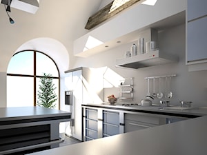 Okna nietypowe - Średnia otwarta beżowa z zabudowaną lodówką kuchnia w kształcie litery l z wyspą lub półwyspem z oknem, styl nowoczesny - zdjęcie od Vetrex – Okna i Drzwi Premium