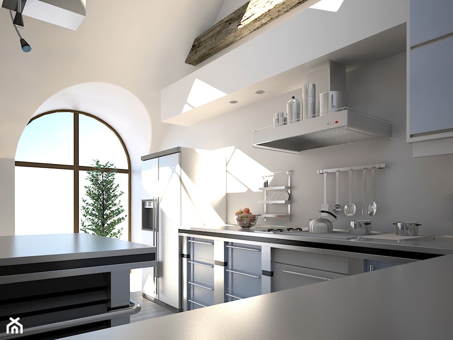 Okna nietypowe - Średnia otwarta beżowa z zabudowaną lodówką kuchnia w kształcie litery l z wyspą lub półwyspem z oknem, styl nowoczesny - zdjęcie od Vetrex – Okna i Drzwi Premium