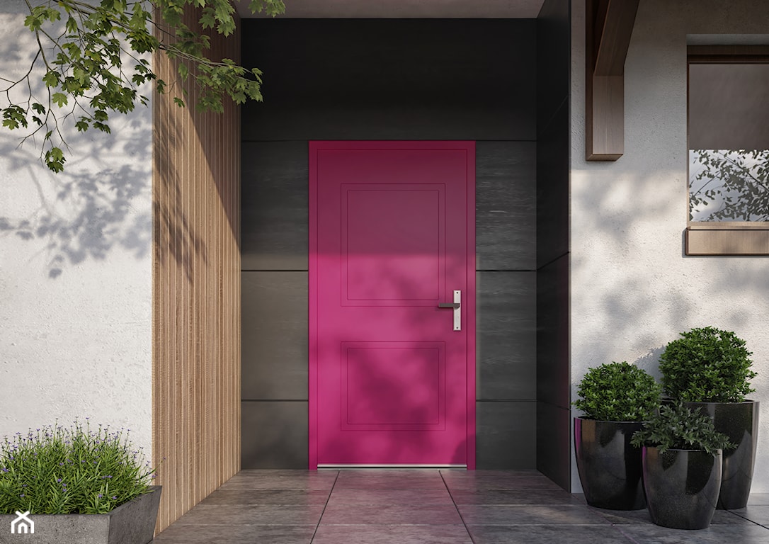 różowe drzwi wejściowe do domu, kolorowe drzwi wejściowe