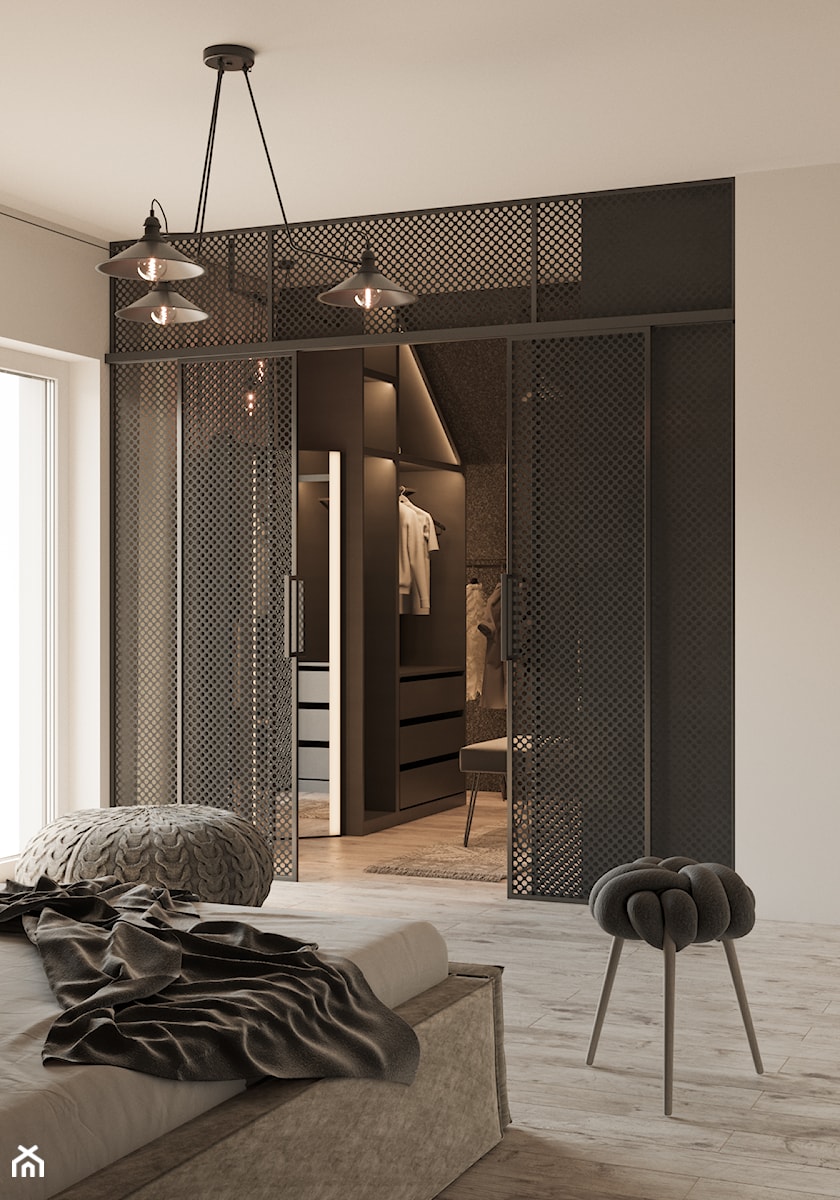 SYPIALNIA - Średnia szara sypialnia z garderobą, styl minimalistyczny - zdjęcie od TOKO_ARCHITEKTURA