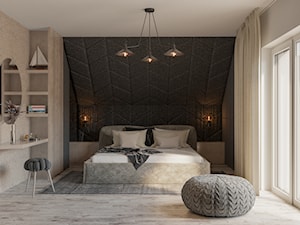 SYPIALNIA - Duża beżowa biała szara sypialnia na poddaszu z balkonem / tarasem, styl minimalistyczny - zdjęcie od TOKO_ARCHITEKTURA