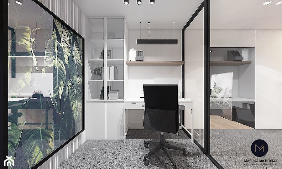 Projekt ekskluzywnej piwnicy 64 m2 w domu jednorodzinnym / k. Limanowej - Średnie białe biuro, styl nowoczesny - zdjęcie od MARCISZ ARCHITEKCI