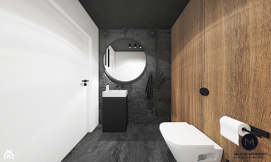 Projekt ekskluzywnej piwnicy 64 m2 w domu jednorodzinnym / k. Limanowej - Mała z lustrem z punktowym oświetleniem łazienka, styl nowoczesny - zdjęcie od MARCISZ ARCHITEKCI