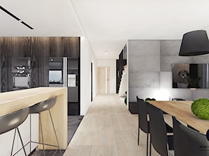 Projekt domu 110 m2/ k. Limanowej - Duża otwarta z salonem biała szara z zabudowaną lodówką kuchnia w kształcie litery l z oknem, styl minimalistyczny - zdjęcie od MARCISZ ARCHITEKCI