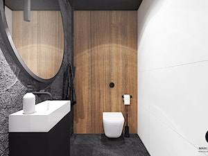 Projekt ekskluzywnej piwnicy 64 m2 w domu jednorodzinnym / k. Limanowej - Mała z lustrem łazienka, styl nowoczesny - zdjęcie od MARCISZ ARCHITEKCI
