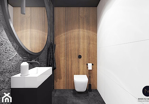 Projekt ekskluzywnej piwnicy 64 m2 w domu jednorodzinnym / k. Limanowej - Mała z lustrem łazienka, styl nowoczesny - zdjęcie od MARCISZ ARCHITEKCI